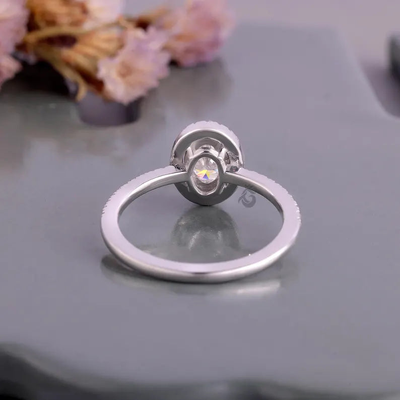 Oval Halo Moissanite Engagement Ring, Vintage 14K White Gold Pave Wedding Ring, Classic Bridal Ring