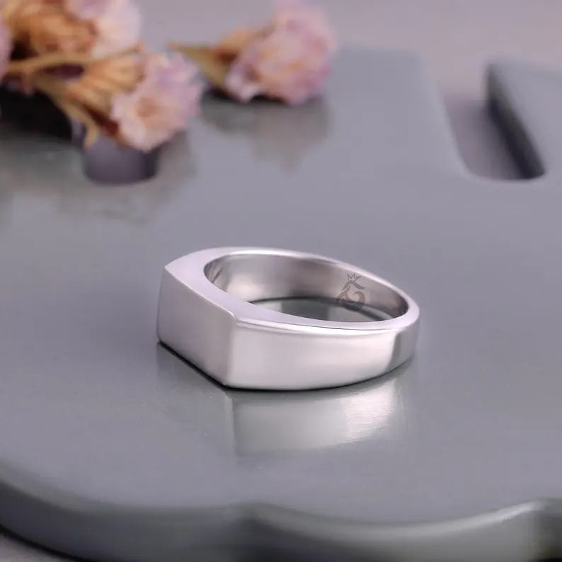 14K White Gold Rectangular Signet Ring, Personalized Men's Signet, Modern Wedding Band