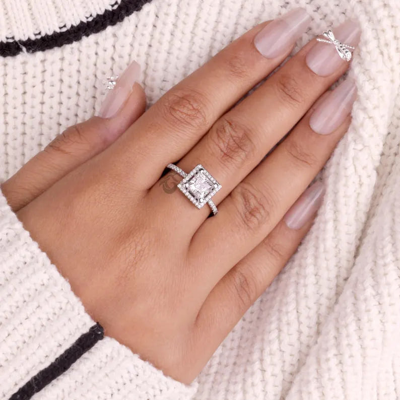 Princess Cut Moissanite Halo Engagement Ring, Pave Side Stone Bridal Wedding Ring