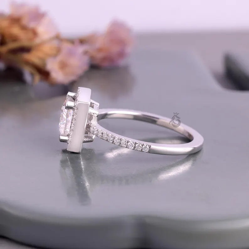 Princess Cut Moissanite Halo Engagement Ring, Pave Side Stone Bridal Wedding Ring