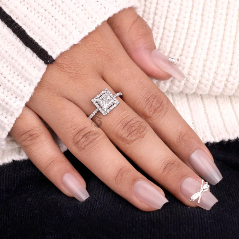 Princess Cut Moissanite Halo Engagement Ring, Pave Side Stone Bridal Wedding Ring