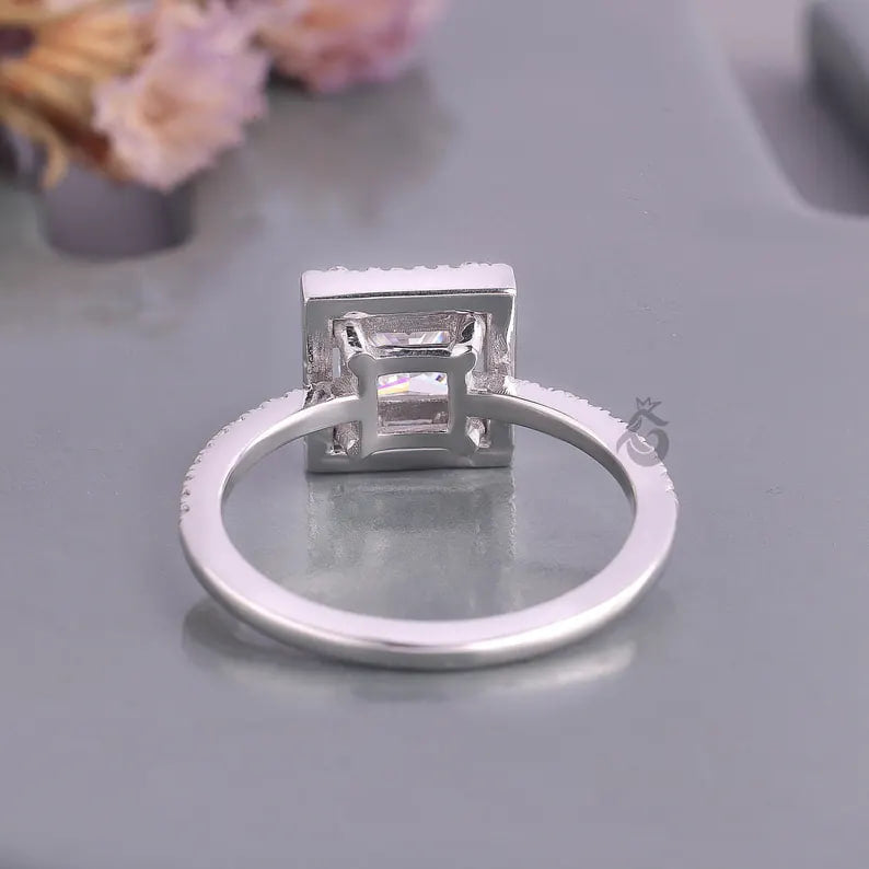 Princess Cut Moissanite Halo Engagement Ring, Pave Side Stone Bridal Wedding Ring