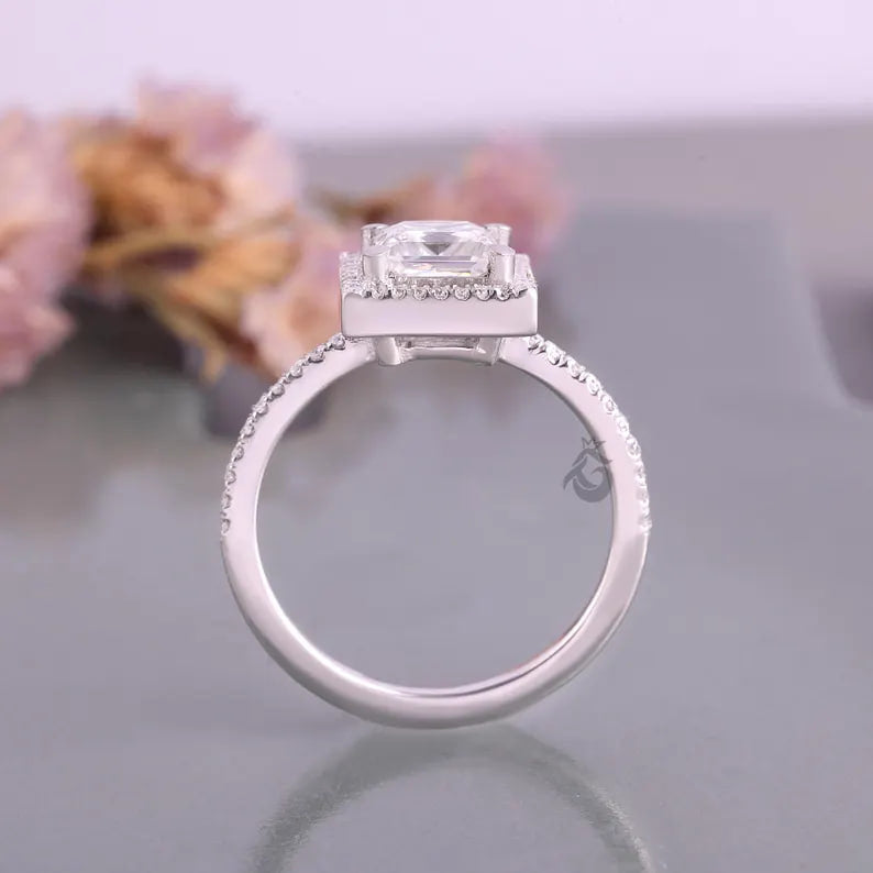 Princess Cut Moissanite Halo Engagement Ring, Pave Side Stone Bridal Wedding Ring