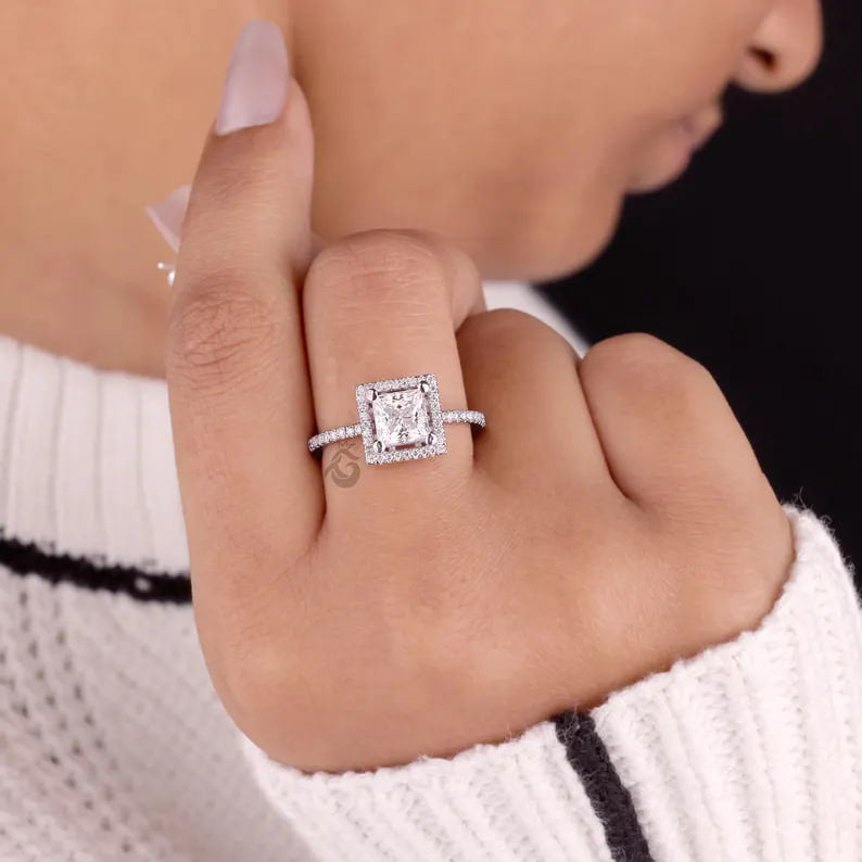 Princess Cut Moissanite Halo Engagement Ring, Pave Side Stone Bridal Wedding Ring