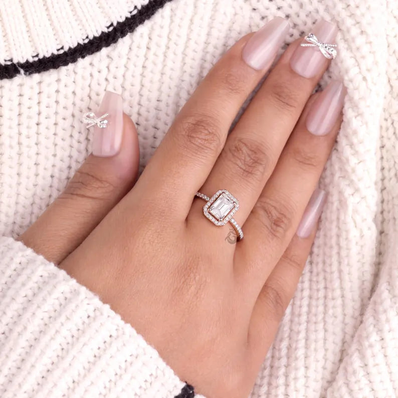 1 CT Emerald Cut Moissanite Halo Engagement Ring, Pave Diamond Bridal Ring, 14K Rose Gold