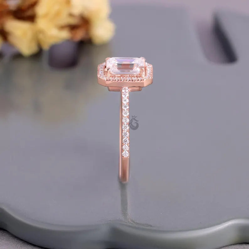 1 CT Emerald Cut Moissanite Halo Engagement Ring, Pave Diamond Bridal Ring, 14K Rose Gold