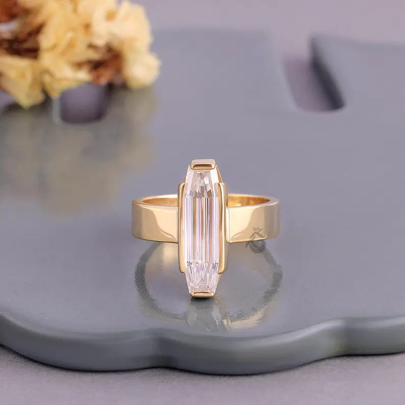 3CT Baguette Cut Moissanite Engagement Ring, Half Bezel Solitaire Ring, Solid Gold