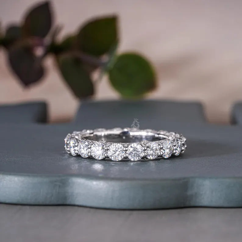 Art Deco Round Moissanite Eternity Band, 14K White Gold Wedding Ring