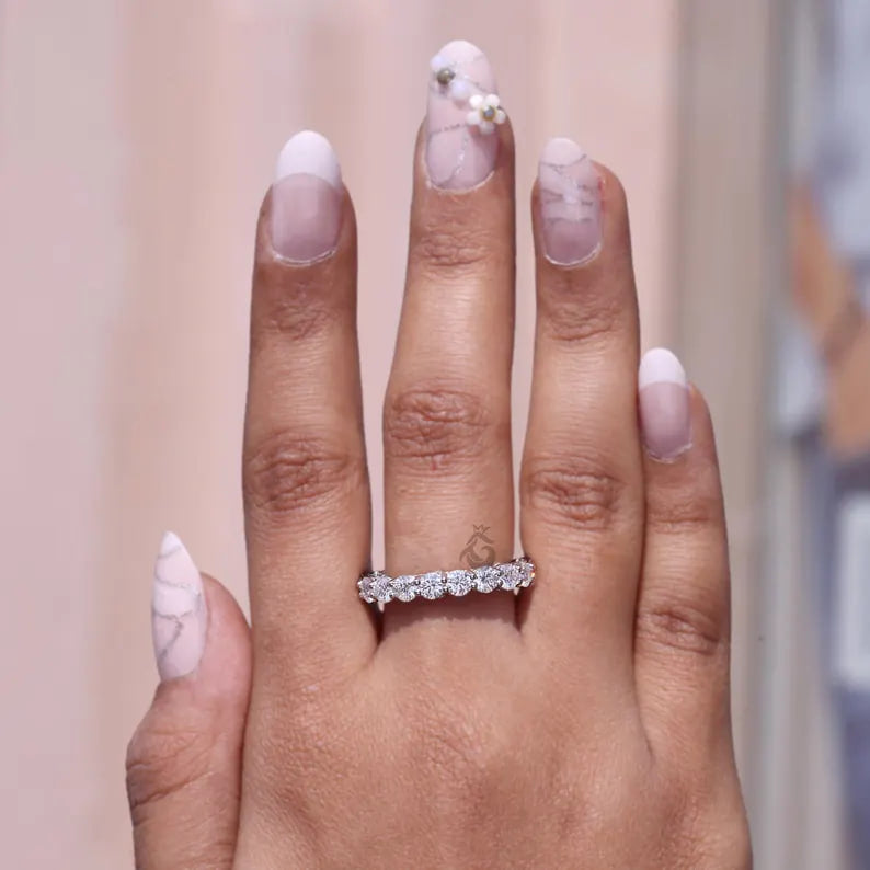 Art Deco Round Moissanite Eternity Band, 14K White Gold Wedding Ring