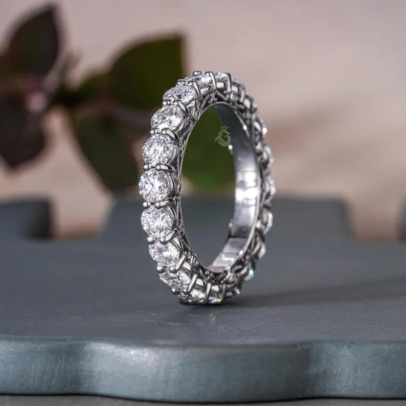 Art Deco Round Moissanite Eternity Band, 14K White Gold Wedding Ring