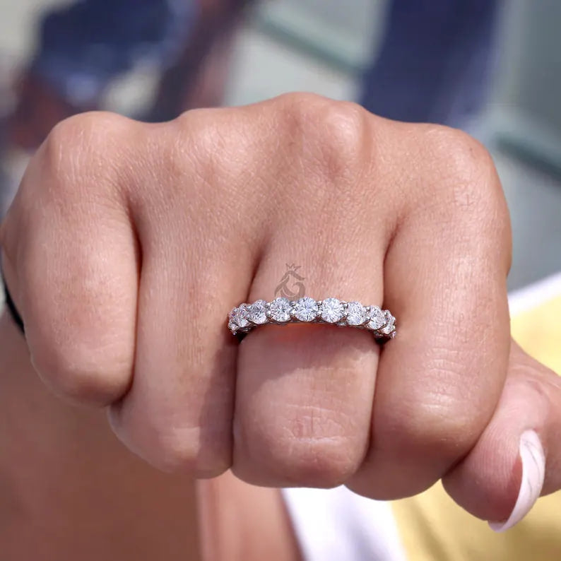 Art Deco Round Moissanite Eternity Band, 14K White Gold Wedding Ring