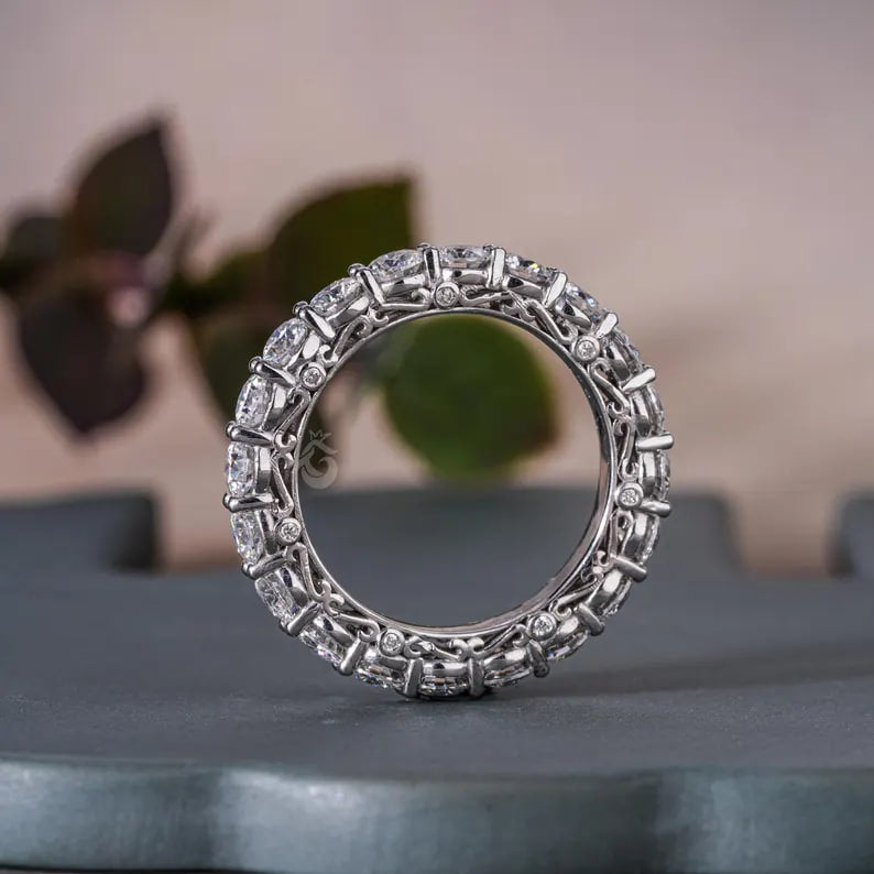Art Deco Round Moissanite Eternity Band, 14K White Gold Wedding Ring