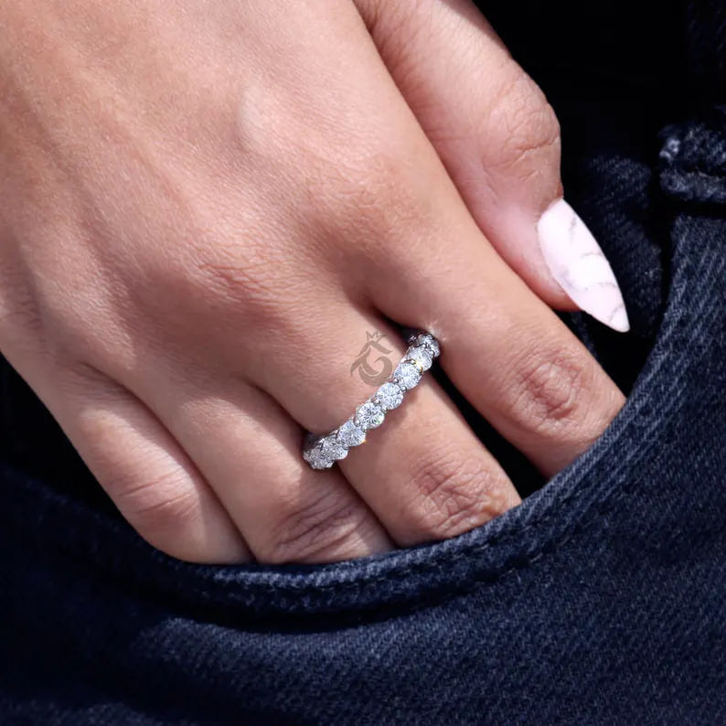 Art Deco Round Moissanite Eternity Band, 14K White Gold Wedding Ring