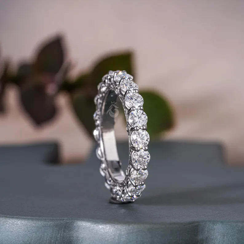 Art Deco Round Moissanite Eternity Band, 14K White Gold Wedding Ring