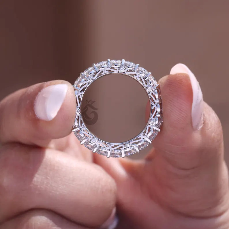 Art Deco Round Moissanite Eternity Band, 14K White Gold Wedding Ring