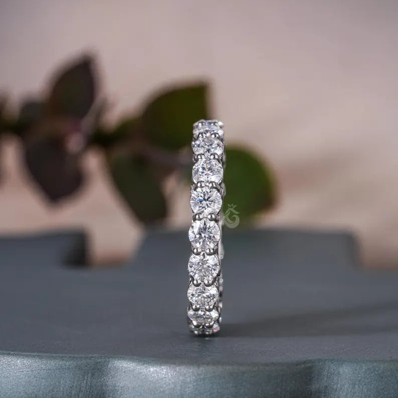 Art Deco Round Moissanite Eternity Band, 14K White Gold Wedding Ring