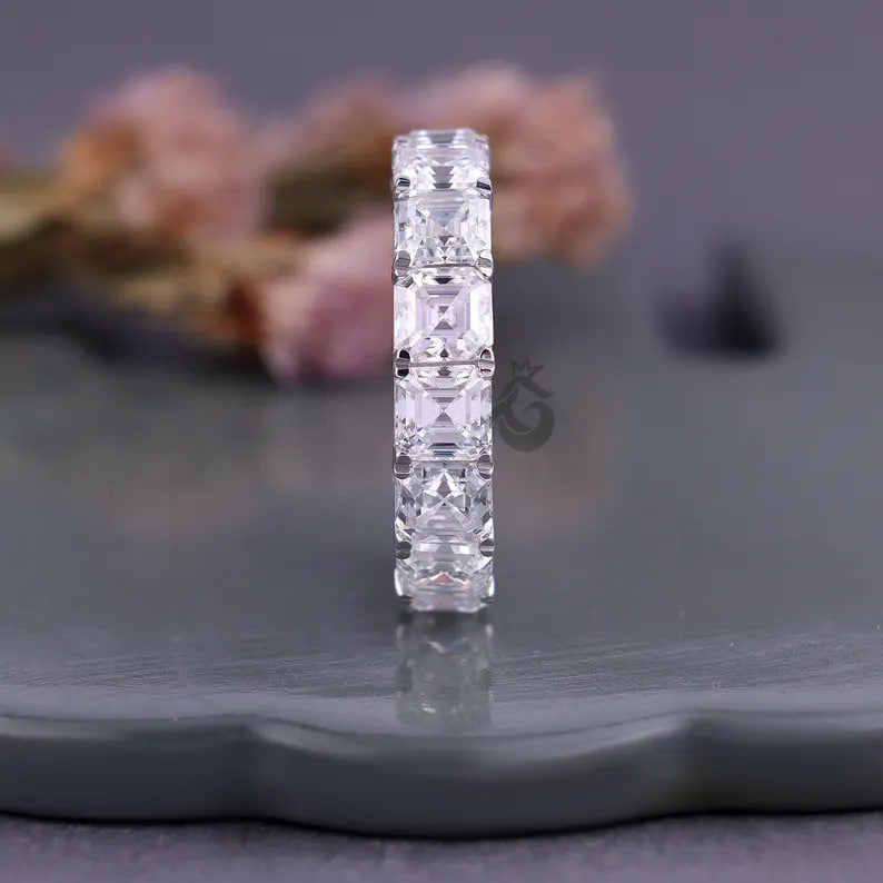 5MM Asscher Cut Moissanite Eternity Band, Prong Set Stackable Ring