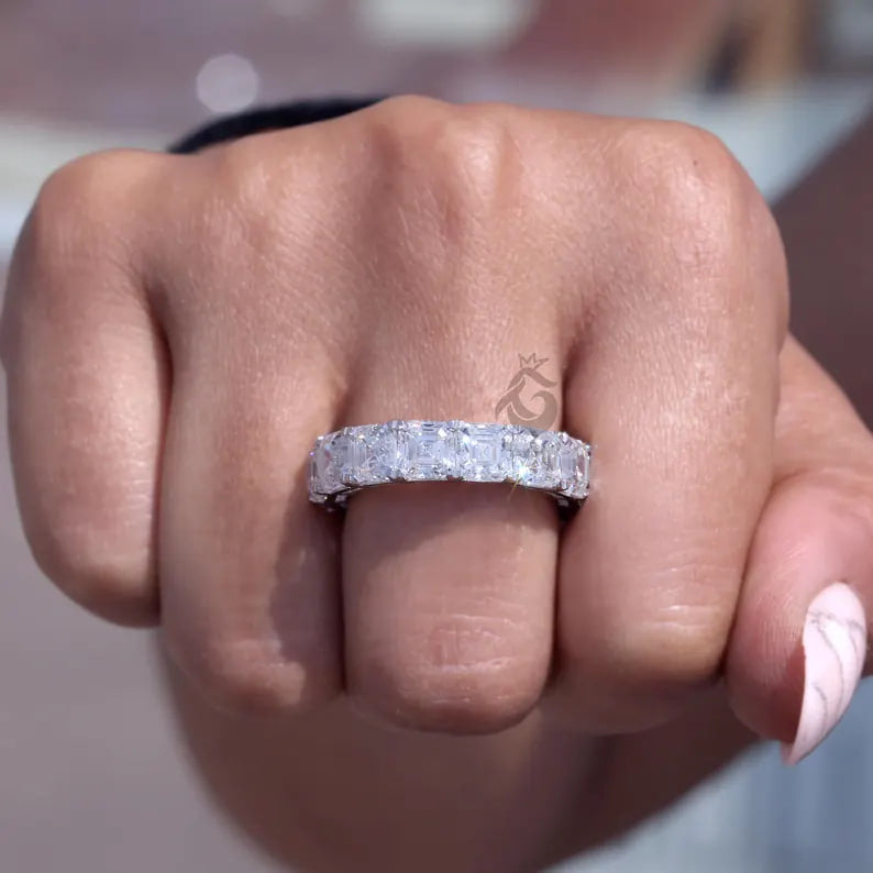 5MM Asscher Cut Moissanite Eternity Band, Prong Set Stackable Ring