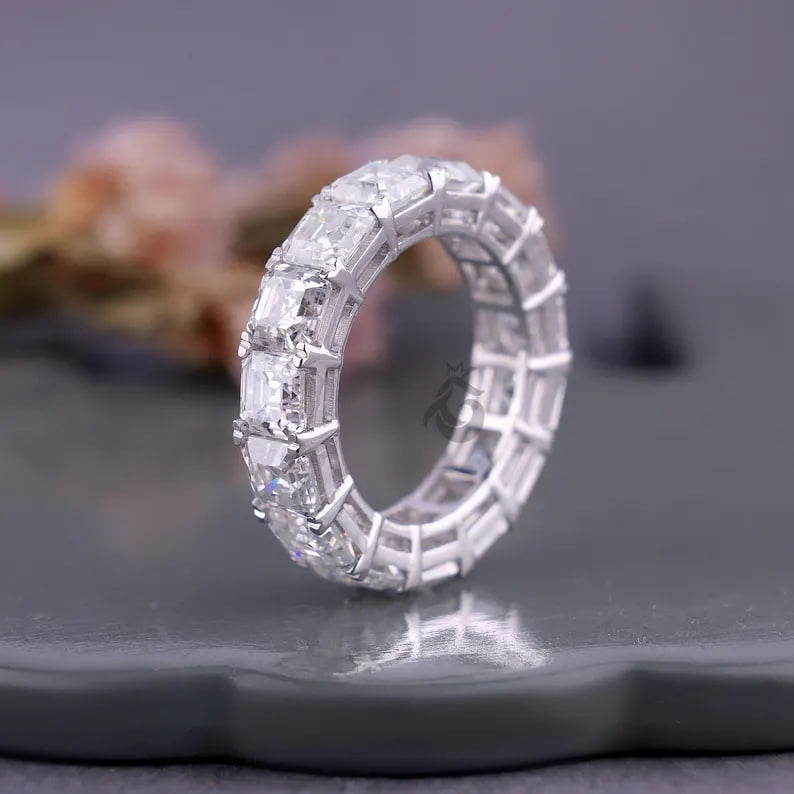 5MM Asscher Cut Moissanite Eternity Band, Prong Set Stackable Ring