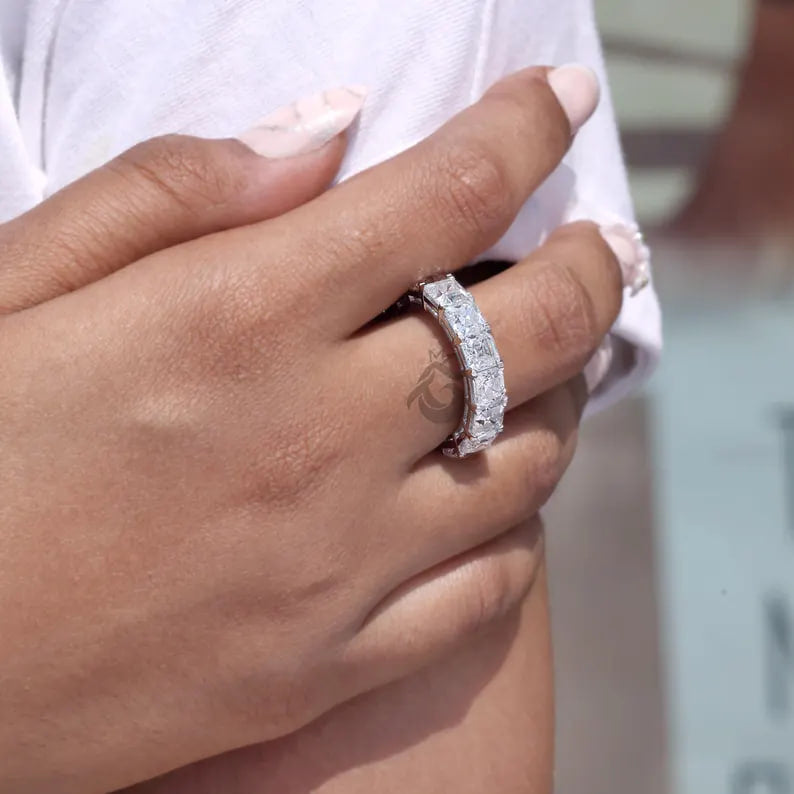 5MM Asscher Cut Moissanite Eternity Band, Prong Set Stackable Ring