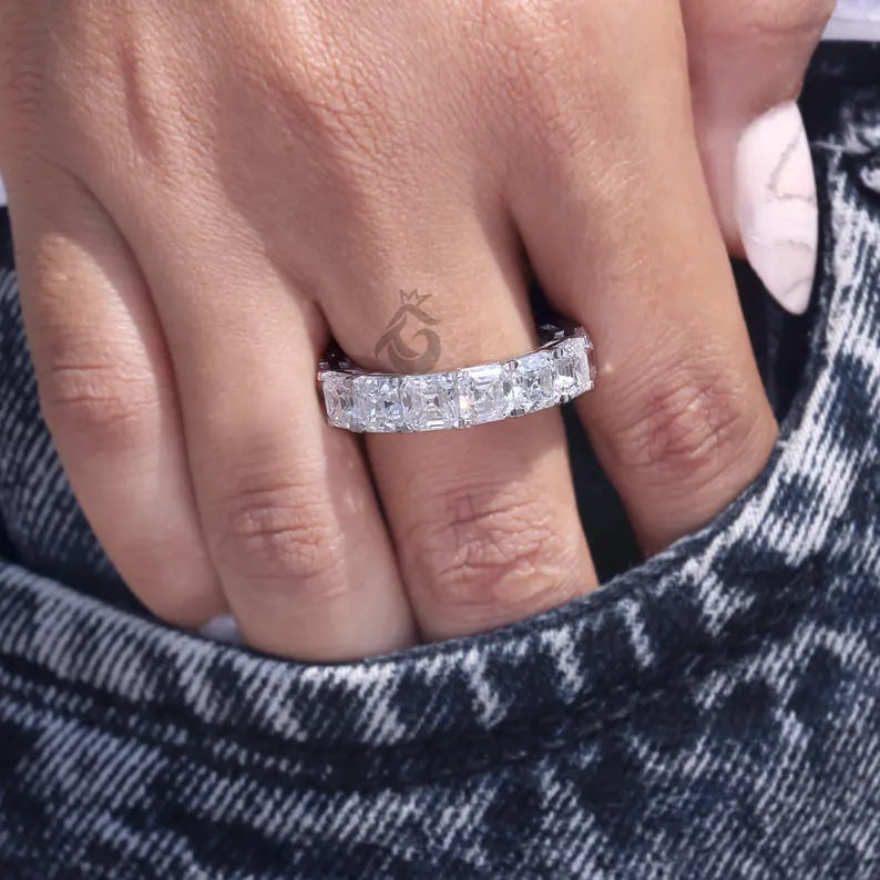5MM Asscher Cut Moissanite Eternity Band, Prong Set Stackable Ring