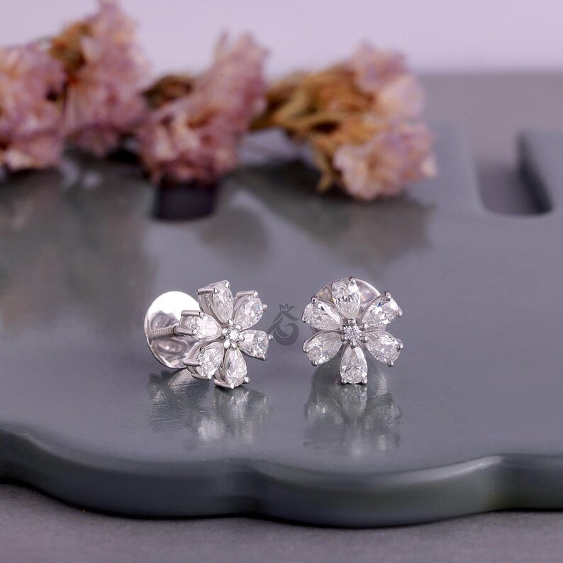 Pear Cut Moissanite Flower Stud Earrings, Screw Back Earrings for Women