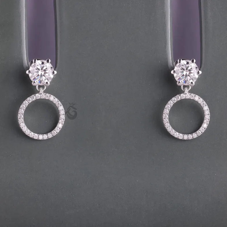 Round Moissanite Open Circle Drop Earrings, 14K White Gold Dangle Studs