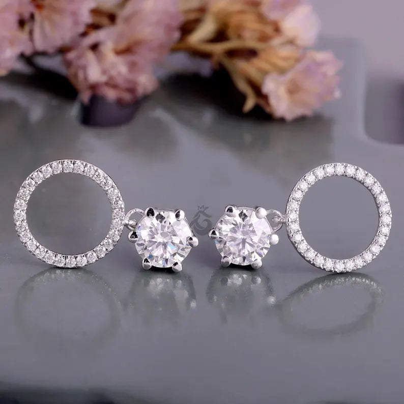 Round Moissanite Open Circle Drop Earrings, 14K White Gold Dangle Studs