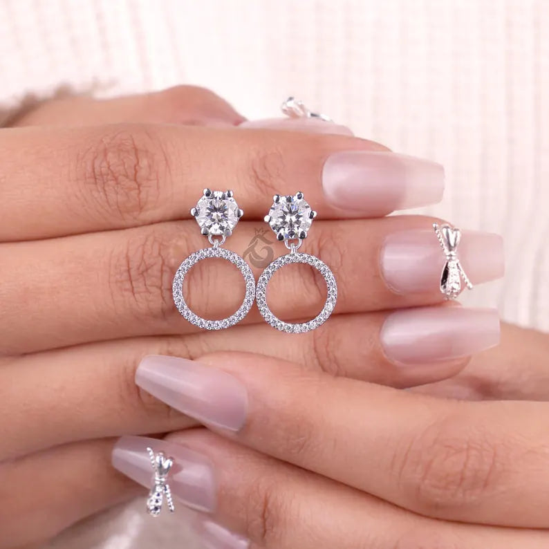 Round Moissanite Open Circle Drop Earrings, 14K White Gold Dangle Studs