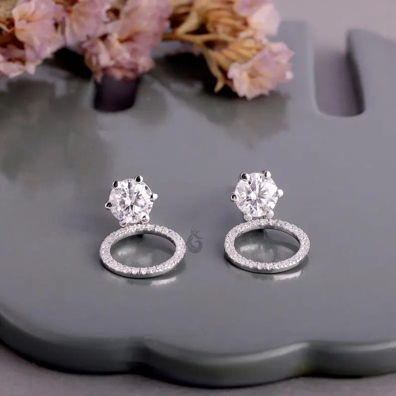 Round Moissanite Open Circle Drop Earrings, 14K White Gold Dangle Studs