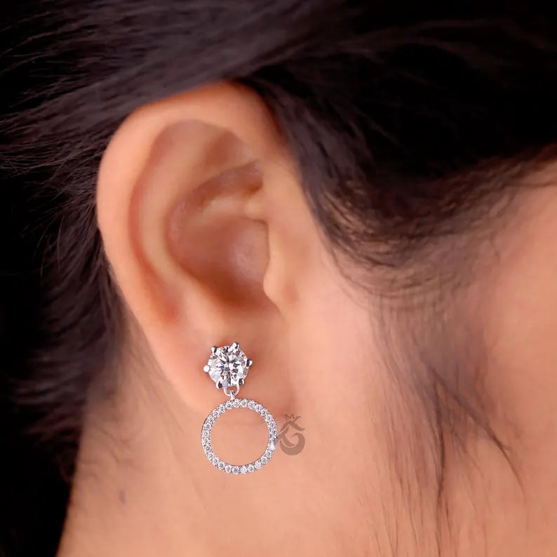 Round Moissanite Open Circle Drop Earrings, 14K White Gold Dangle Studs