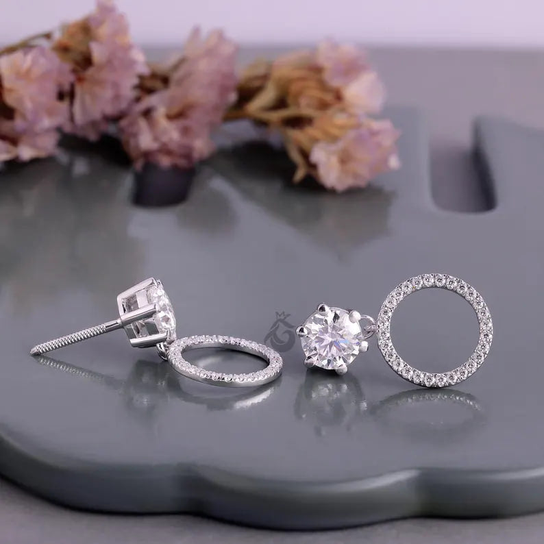 Round Moissanite Open Circle Drop Earrings, 14K White Gold Dangle Studs