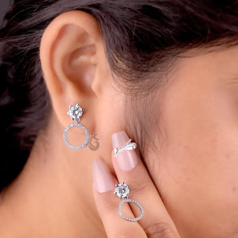 Round Moissanite Open Circle Drop Earrings, 14K White Gold Dangle Studs