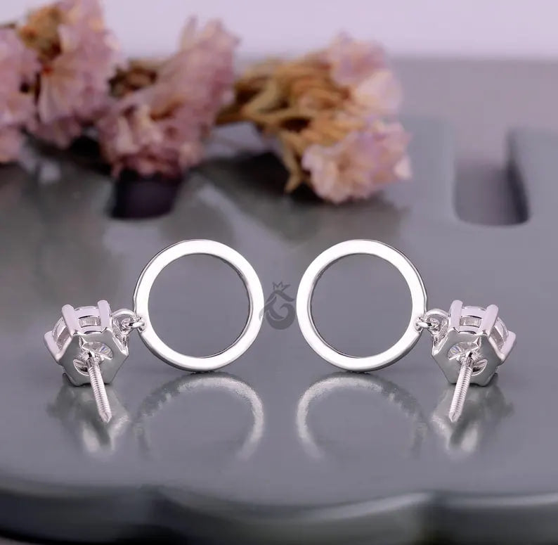 Round Moissanite Open Circle Drop Earrings, 14K White Gold Dangle Studs