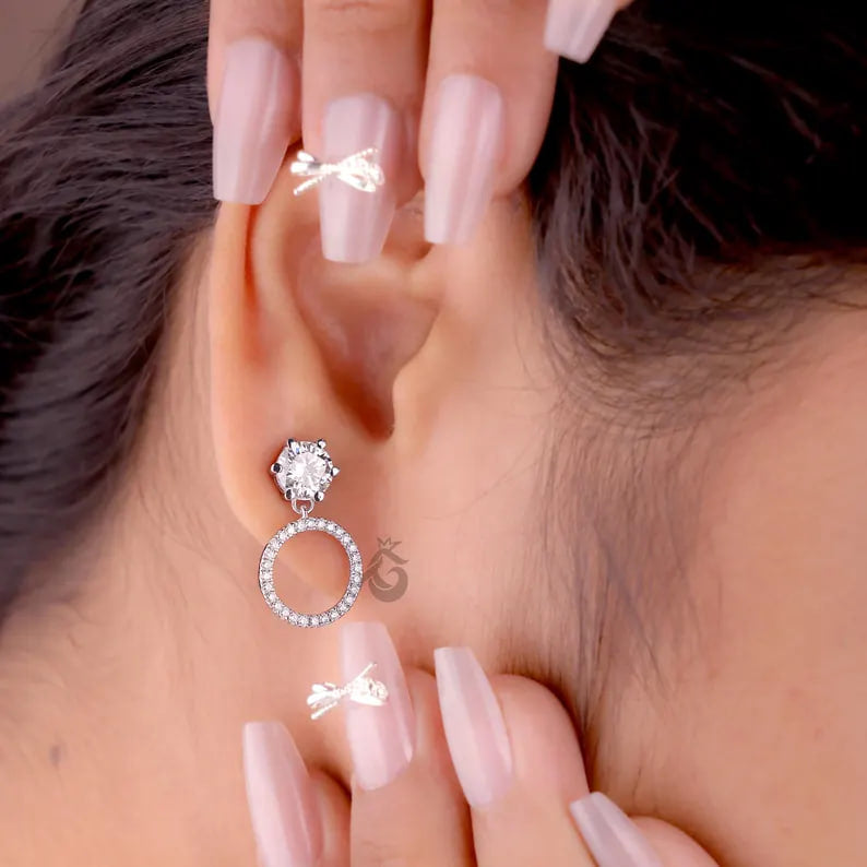 Round Moissanite Open Circle Drop Earrings, 14K White Gold Dangle Studs