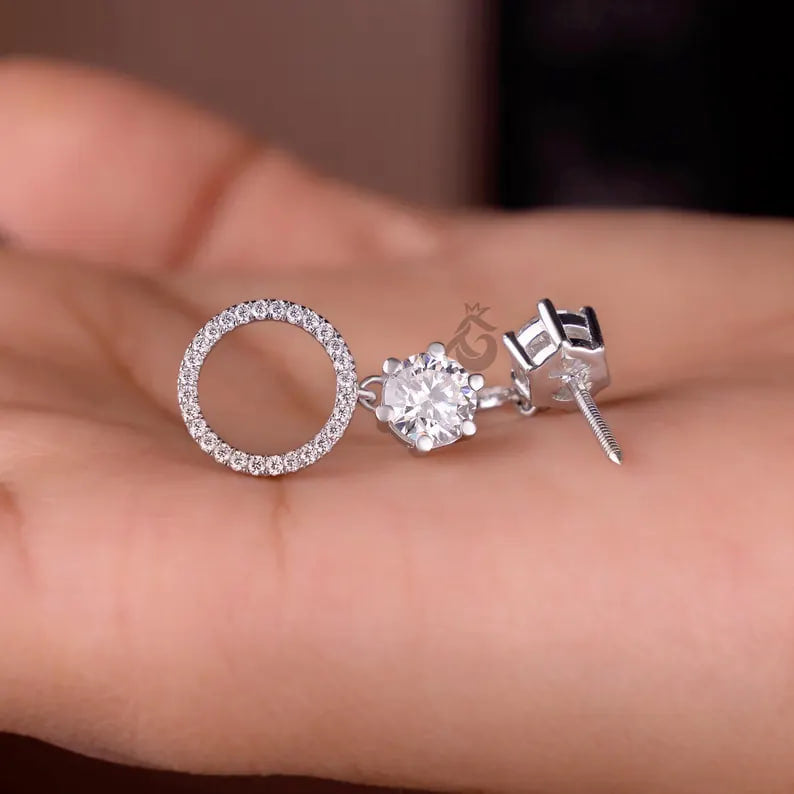 Round Moissanite Open Circle Drop Earrings, 14K White Gold Dangle Studs
