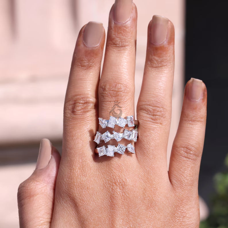 Mixed Shape Lab Diamond Spiral Ring, 14K White Gold Three Row Eternity Band