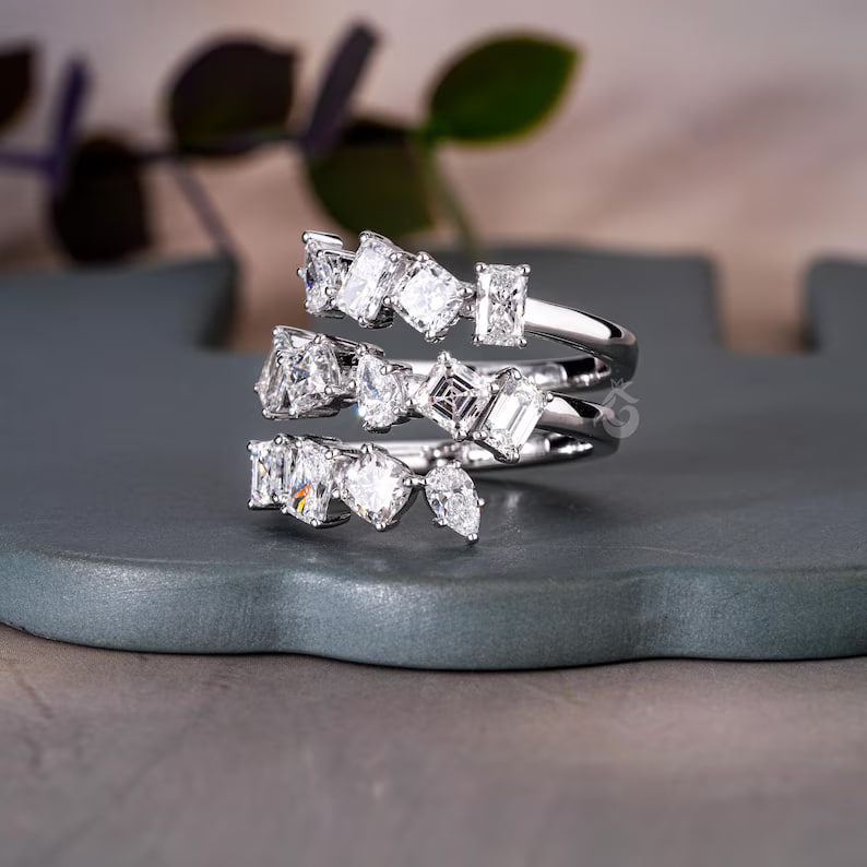 Mixed Shape Lab Diamond Spiral Ring, 14K White Gold Three Row Eternity Band