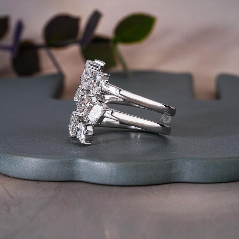 Mixed Shape Lab Diamond Spiral Ring, 14K White Gold Three Row Eternity Band