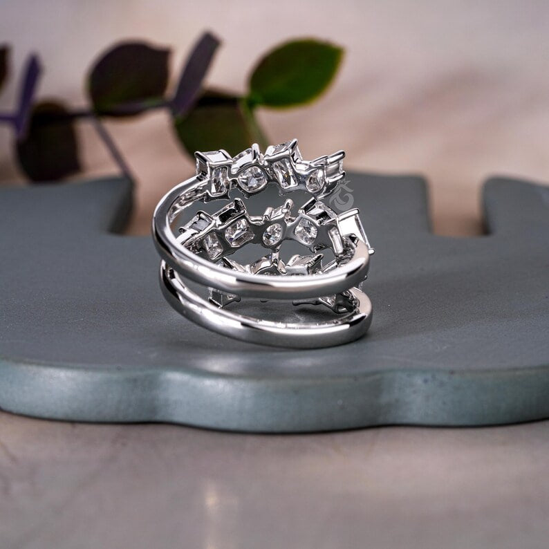 Mixed Shape Lab Diamond Spiral Ring, 14K White Gold Three Row Eternity Band