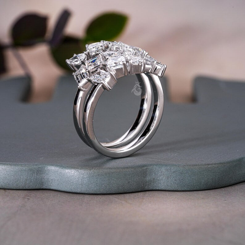 Mixed Shape Lab Diamond Spiral Ring, 14K White Gold Three Row Eternity Band