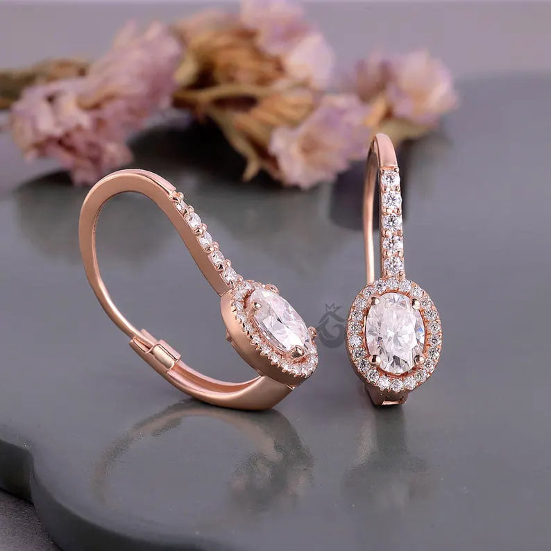 Oval Cut Moissanite Halo Earrings, 14K Rose Gold Dangle Drop Bridal Earrings