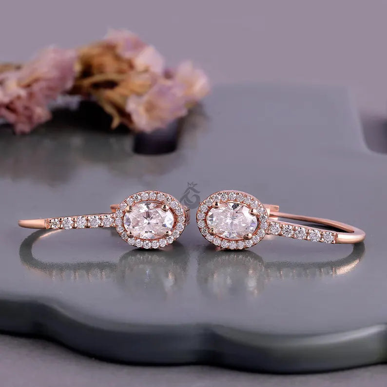 Oval Cut Moissanite Halo Earrings, 14K Rose Gold Dangle Drop Bridal Earrings