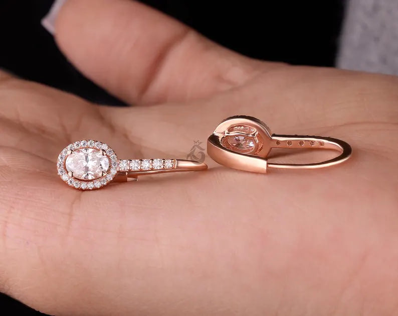 Oval Cut Moissanite Halo Earrings, 14K Rose Gold Dangle Drop Bridal Earrings