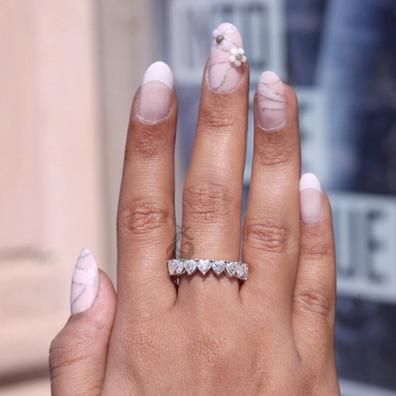 4MM Heart Cut Moissanite Wedding Band, Full Eternity Stackable Band for Her
