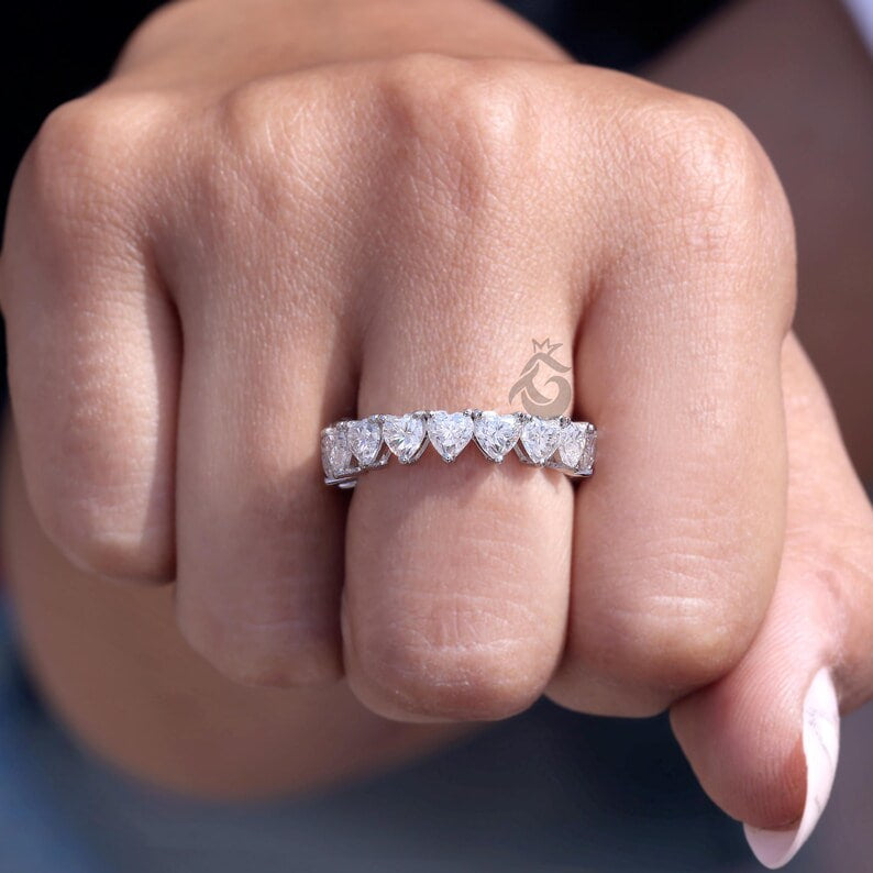 4MM Heart Cut Moissanite Wedding Band, Full Eternity Stackable Band for Her