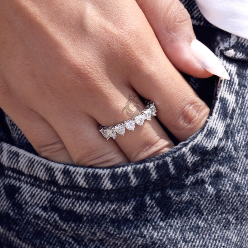 4MM Heart Cut Moissanite Wedding Band, Full Eternity Stackable Band for Her