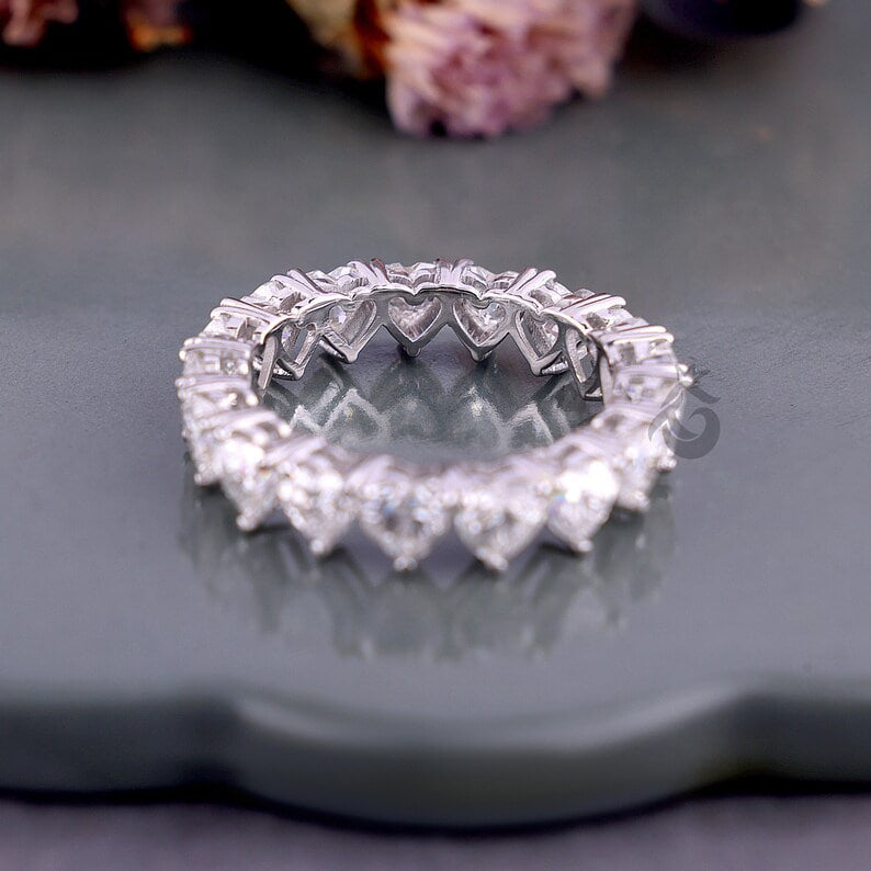 4MM Heart Cut Moissanite Wedding Band, Full Eternity Stackable Band for Her
