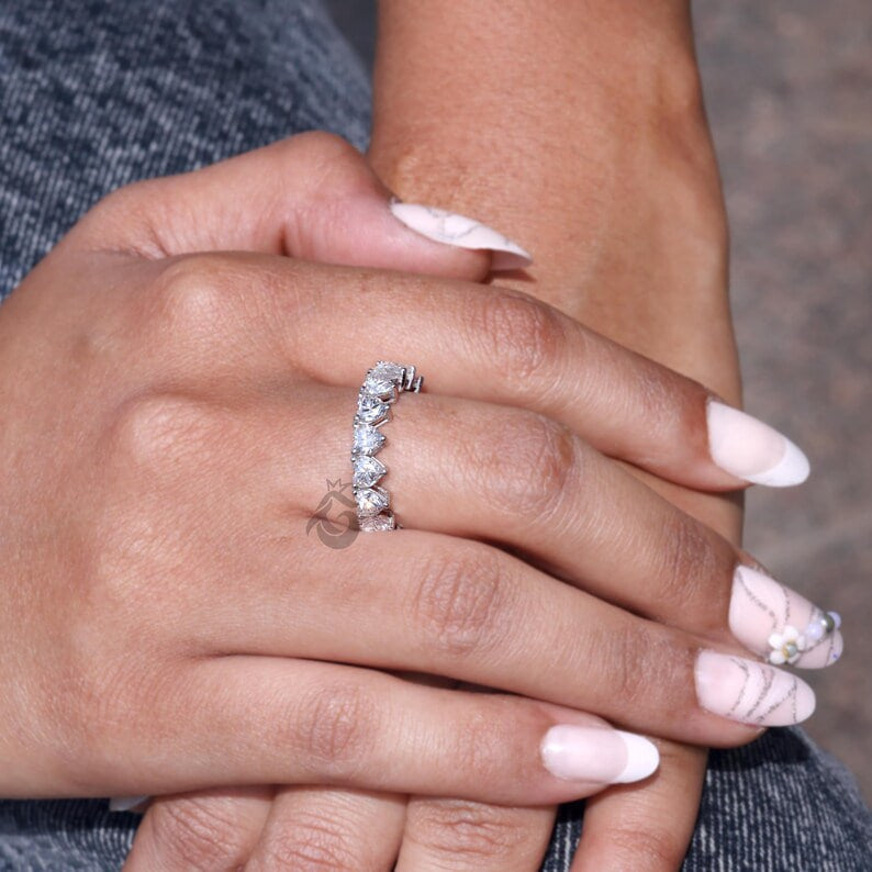 4MM Heart Cut Moissanite Wedding Band, Full Eternity Stackable Band for Her