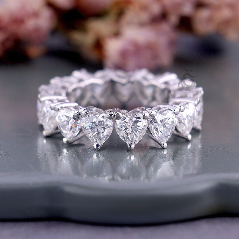 5MM Heart Cut Moissanite Eternity Band, Prong Set Engagement Ring, Stackable Wedding Band